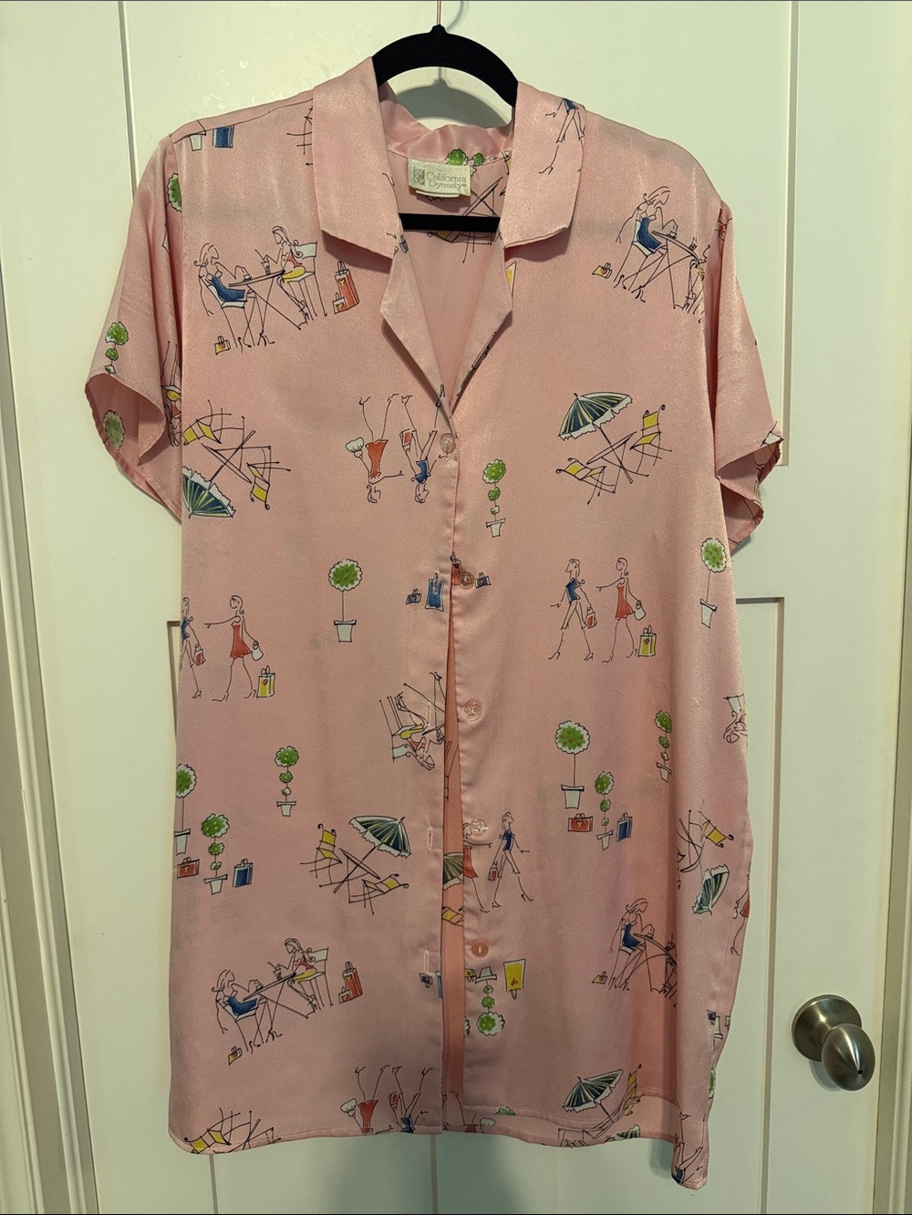 California Dynasty Vintage 90s Loungewear Pink Novelty Printed Resort Shirt